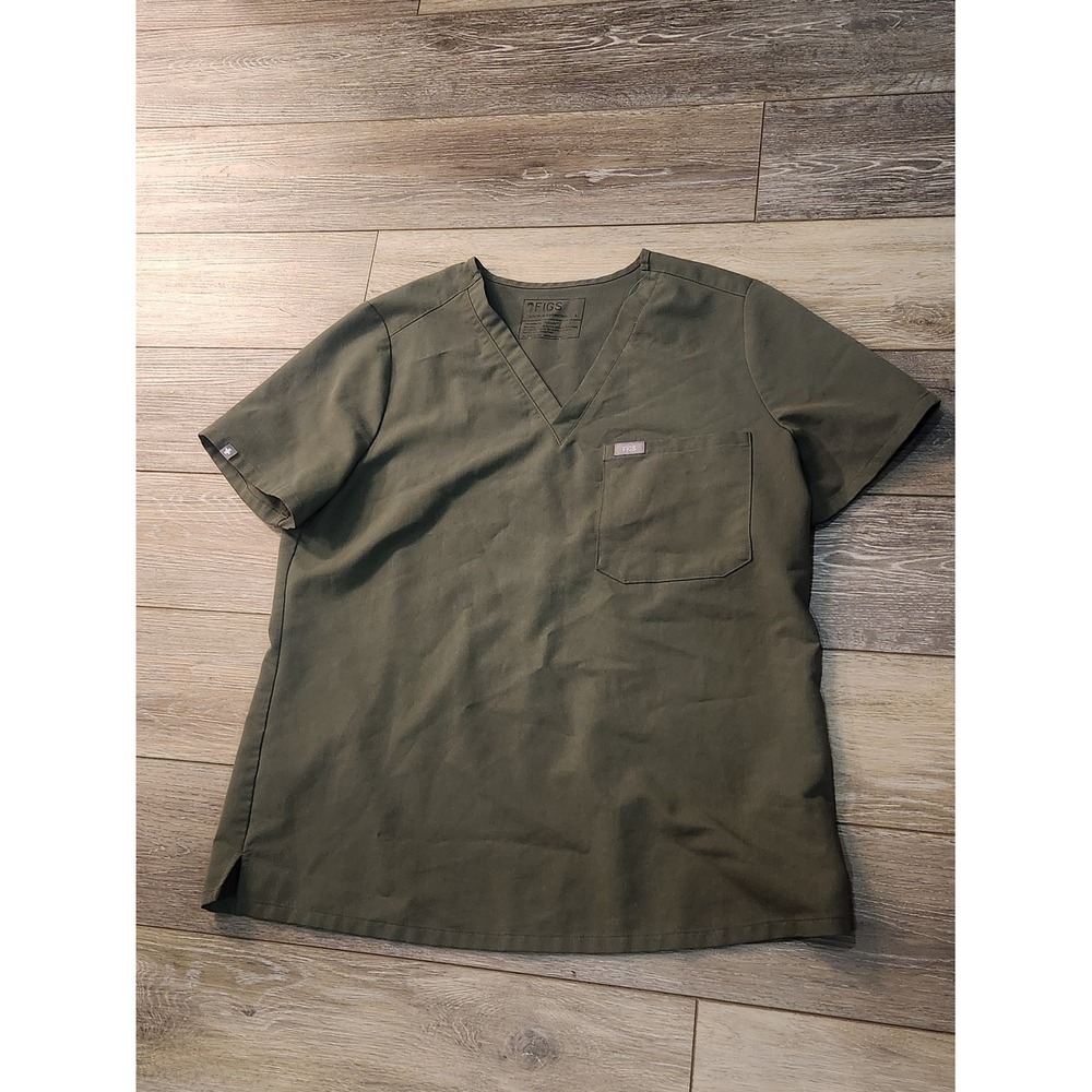 Figs Moss Olive Green Women's Short Sleeve V-Neck Scrub Top Size Large